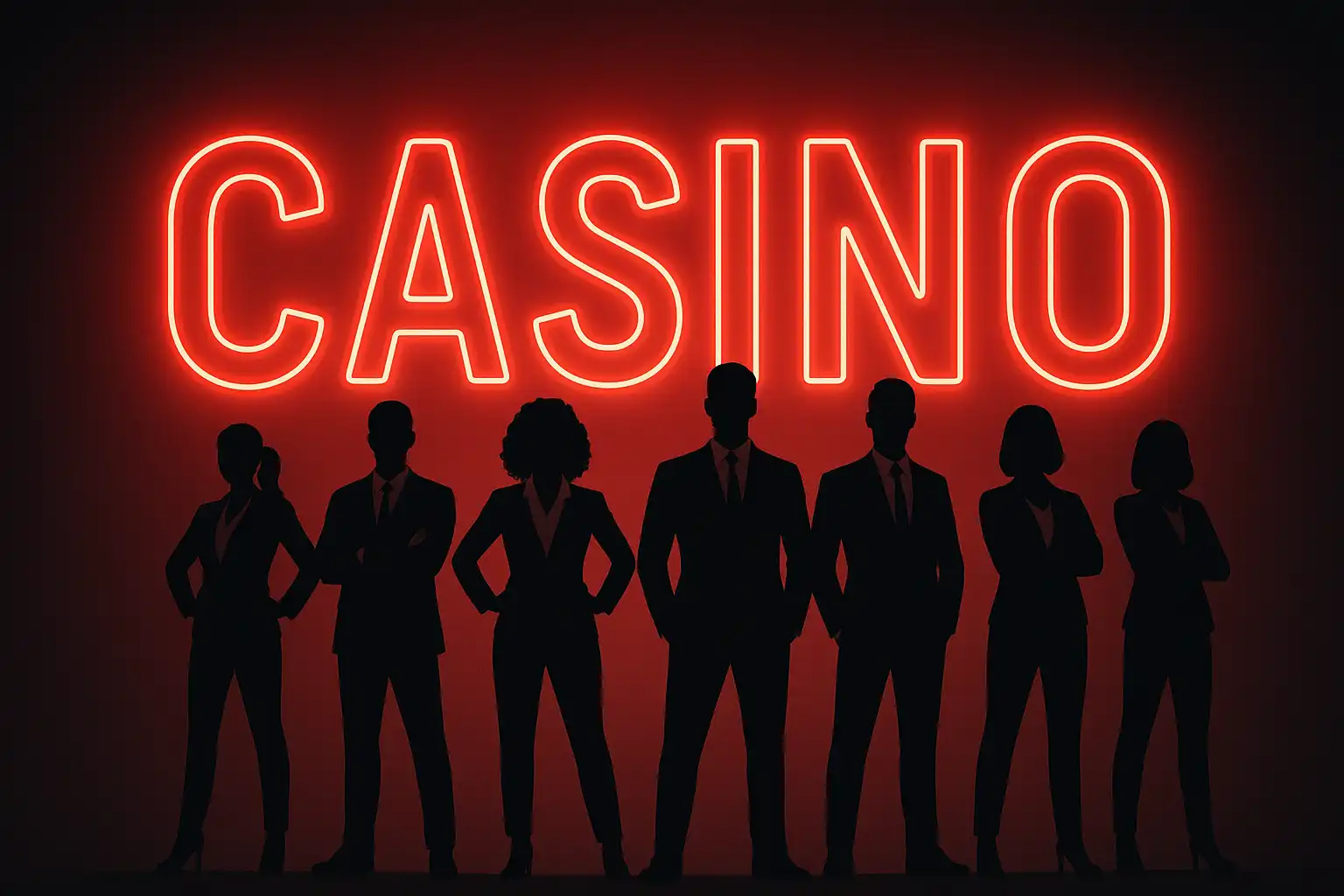 Team silhouette in front of a glowing red Pawbets casino sign