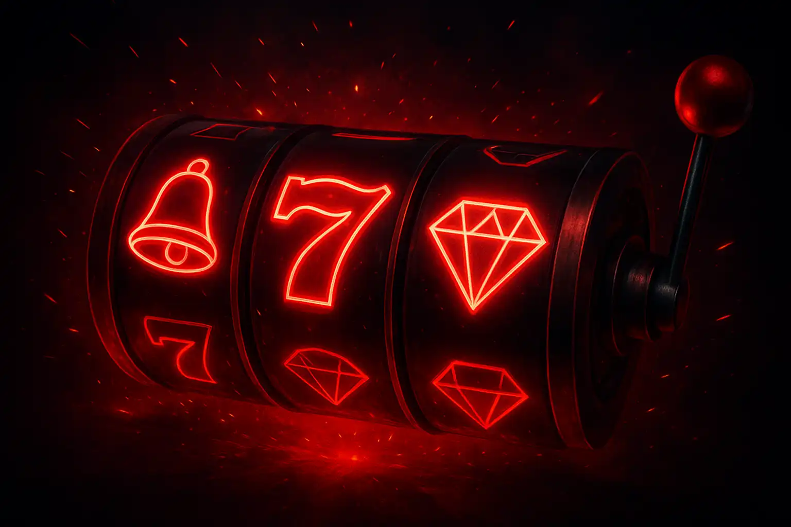 Neon-lit slot reels with red and black casino symbols spinning at Pawbets